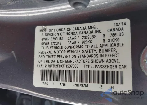2015 Honda Civic Ex from USA, damaged, VIN 2HGFB2F8XFH507099